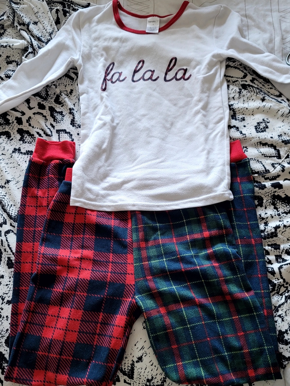 Kensie Girl White Top with Red Trim & Red/Green Plaid Pajama Set